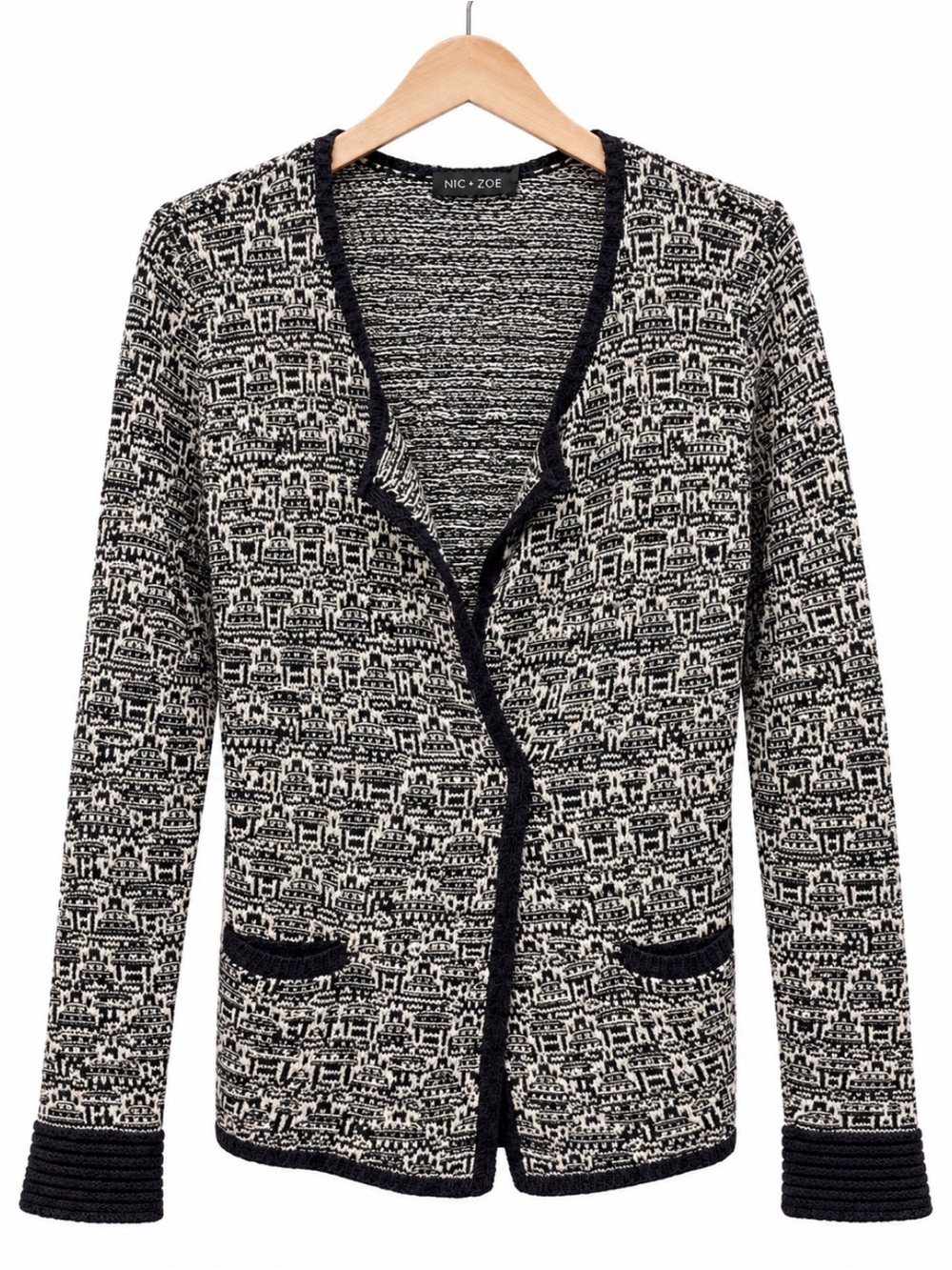 NIC+ZOE Black and Cream Textured Open-Front Cardigan